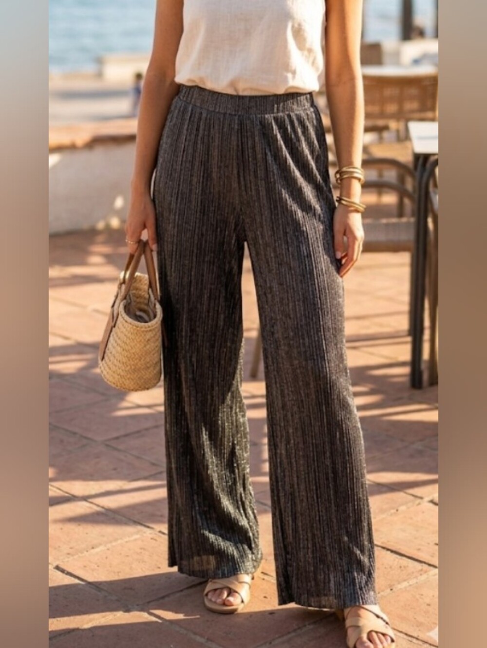 F&F Black Metallic Ribbed Wide-Leg Pants (Sz 8) Relaxed Elastic Waist Comfy Chic